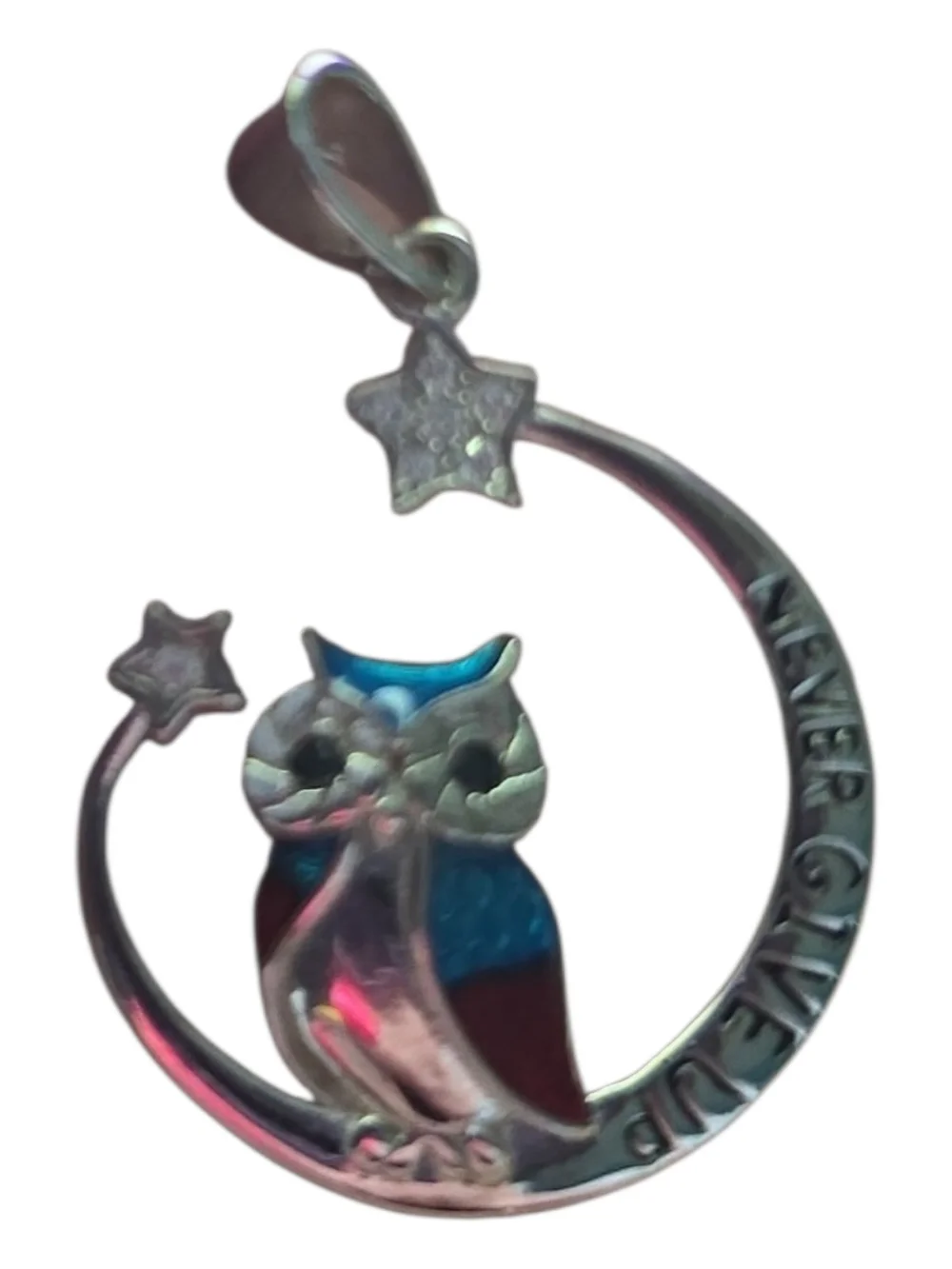 Sterling Silver Owl Pendant Necklace Charm with Blue & Red Enamel Inspirational